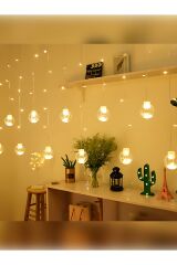 Top Led Dekoratif Işıklı Saçaklı Top Perde Led Fişli 8 Fonksiyonlu Ampül Led Işık Günışığı