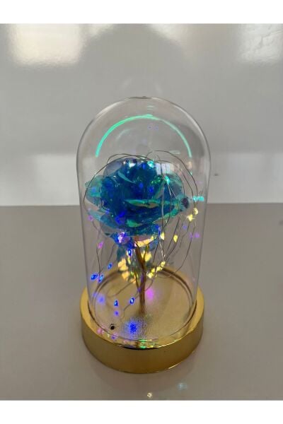 Özel Günler İçin Hediyelik Dekoratif Mavi Solmayan Sonsuzluk Güllü Ledli Işıklı Gold Fanus