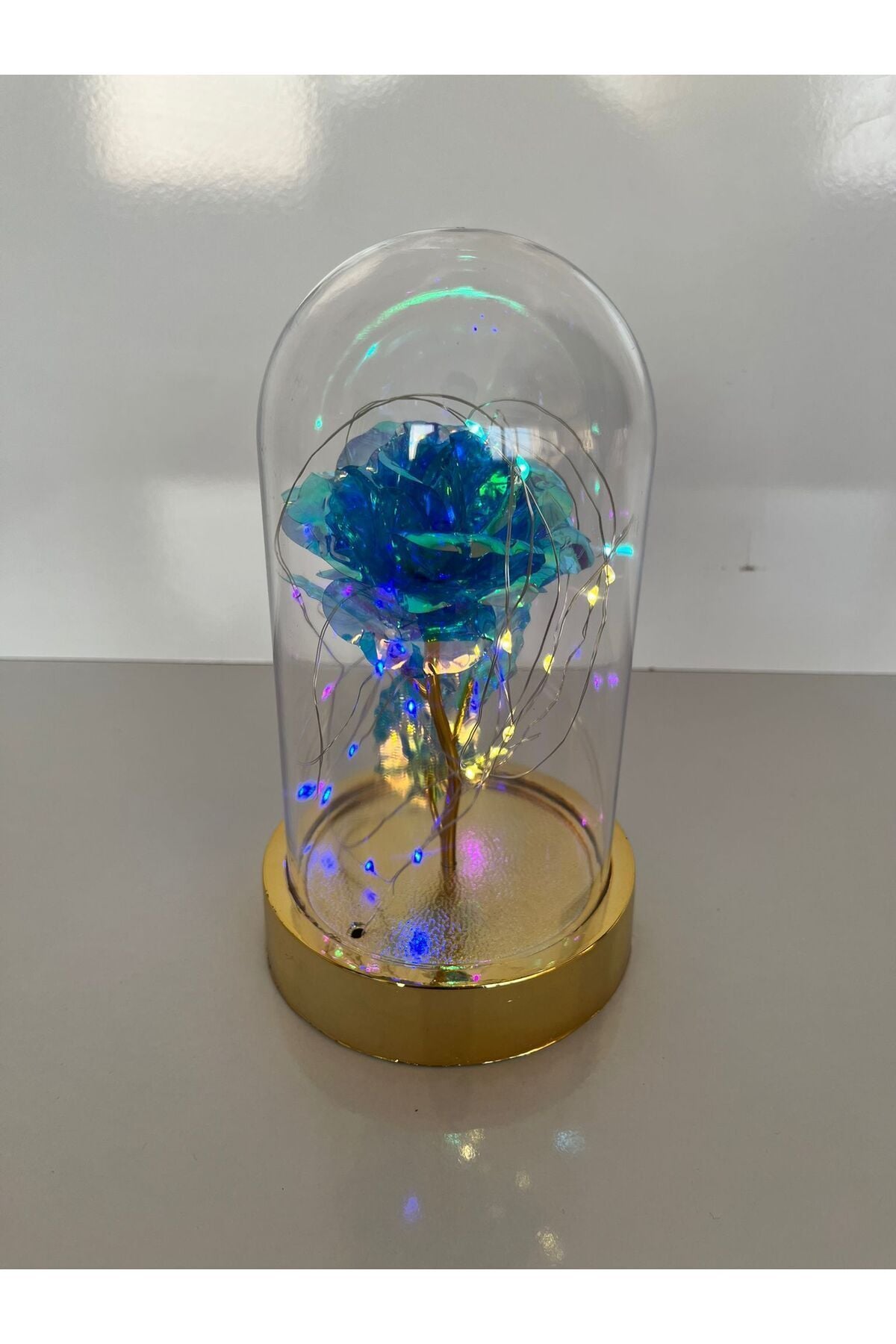 Hediyelik Mavi Solmayan Güllü Ledli Gold Fanus