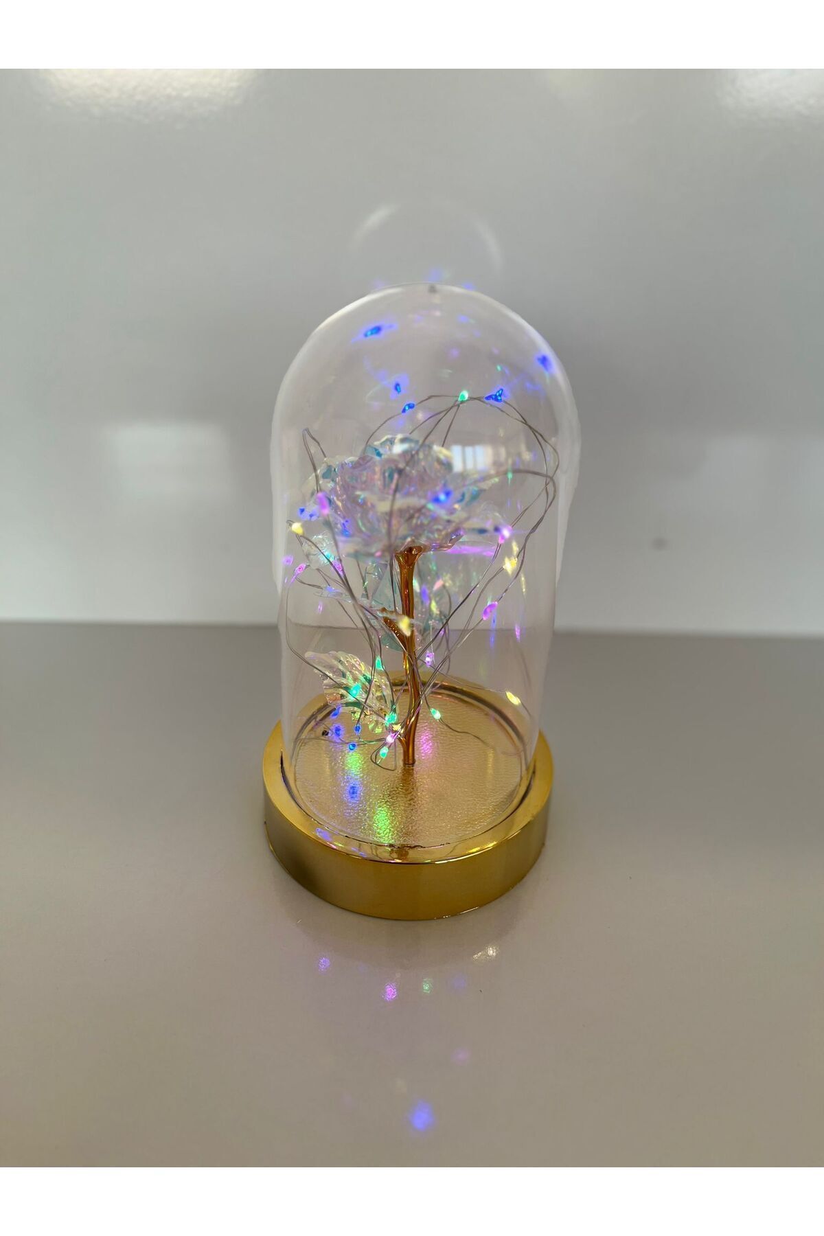 Özel Günler İçin Hediyelik Dekoratif Şeffaf Renkli Solmayan Sonsuzluk Güllü Ledli Işıklı Gold Fanus