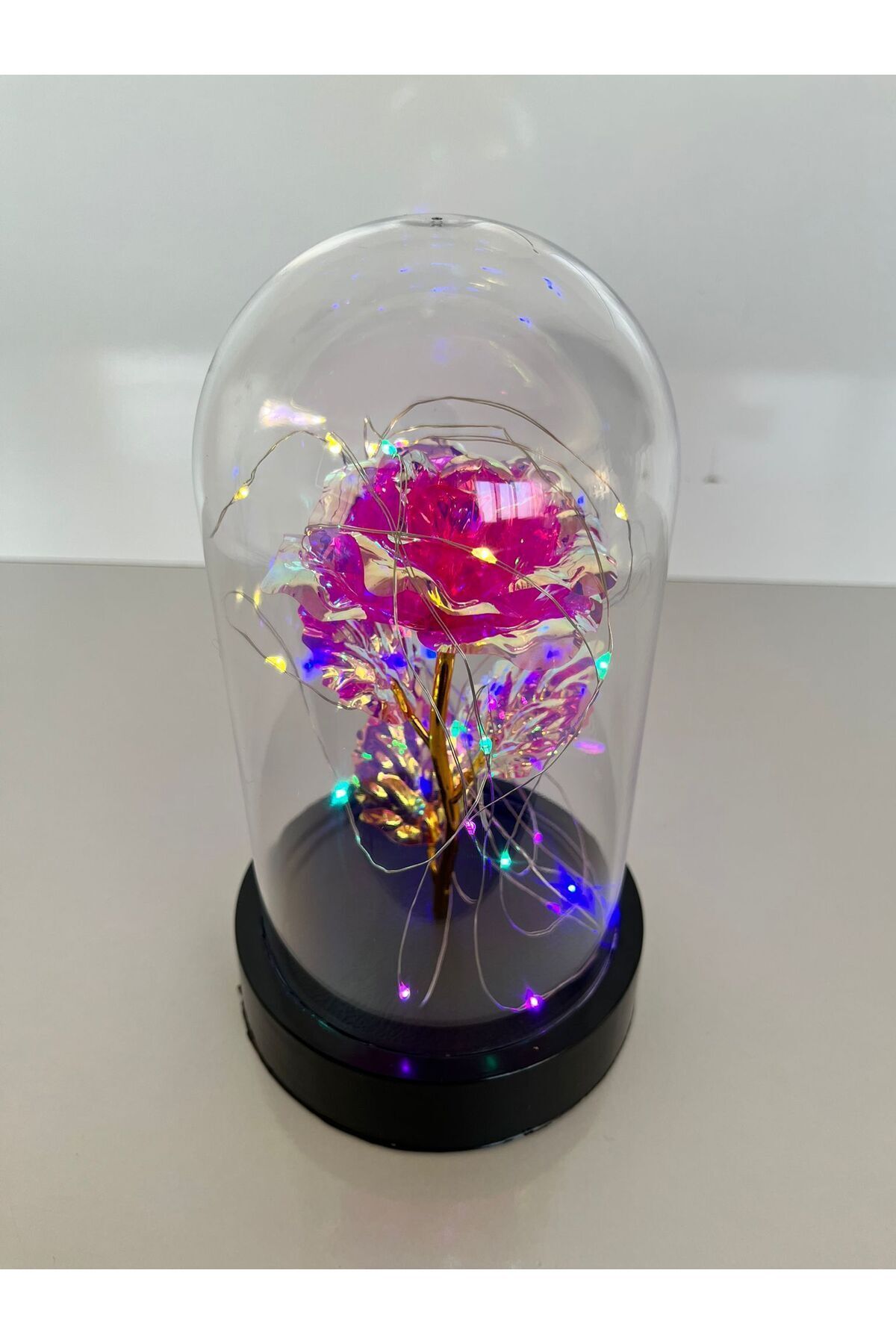 Özel Günler İçin Hediyelik Dekoratif Solmayan Sonsuzluk Pembe Güllü Renkli Ledli Işıklı Siyah Fanus