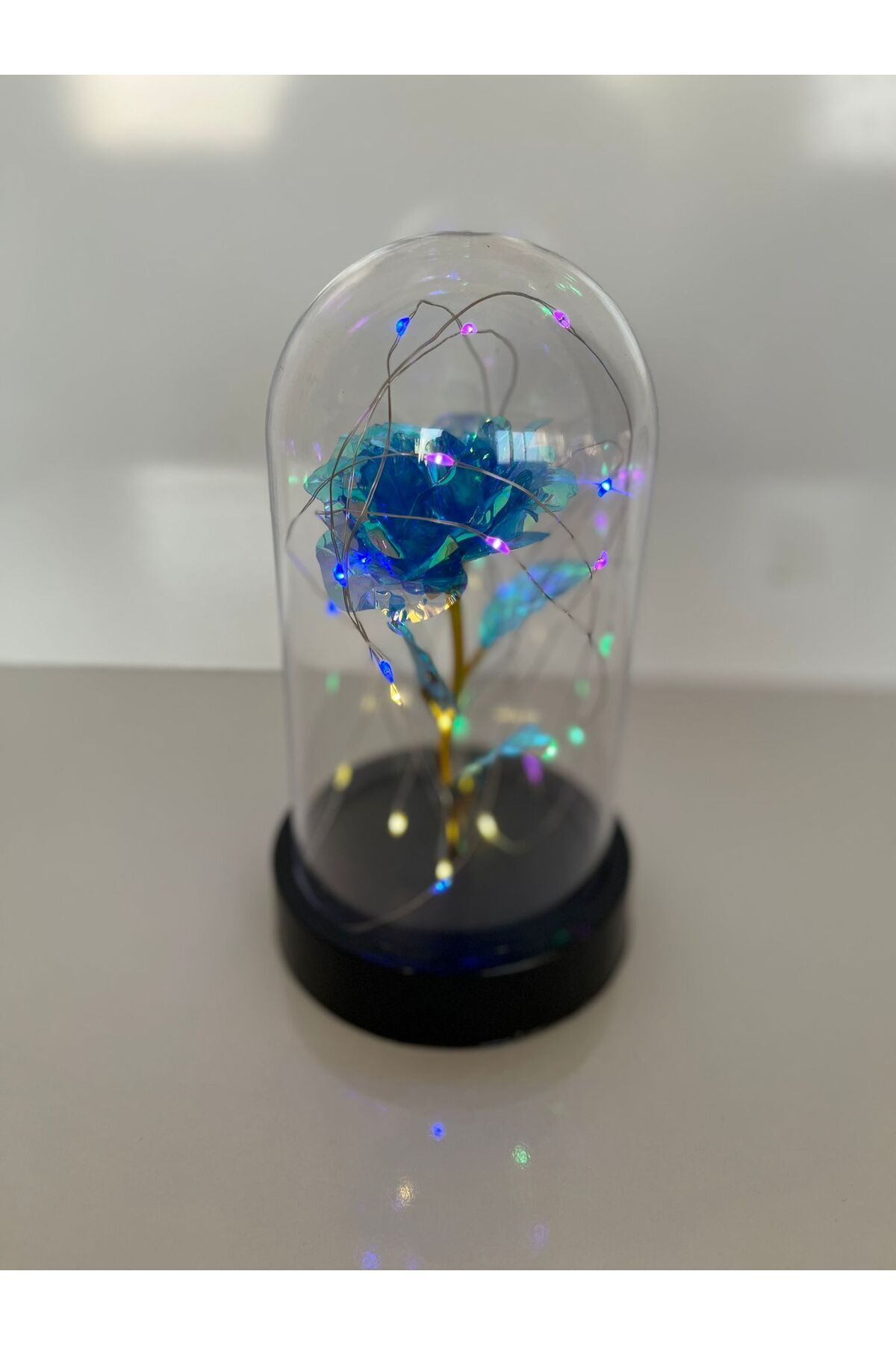 Sevgililer Ve Anneler Gününe Özel Hediyelik Dekoratif Solmayan Mavi Sonsuzluk Gül Rgb Ledli Fanus