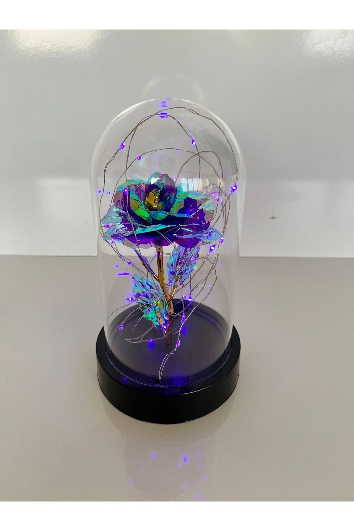 Hediyelik Mor Renkli Solmayan Güllü Ledli Siyah Fanus