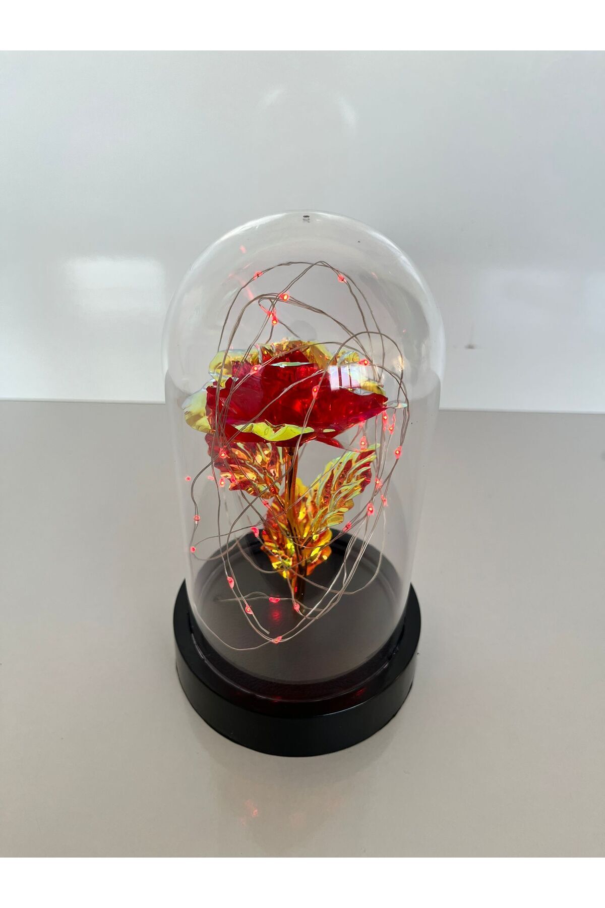 Özel Günler İçin Hediyelik Dekoratif Solmayan Sonsuzluk Kırmızı Güllü Ledli Işıklı Siyah Fanus