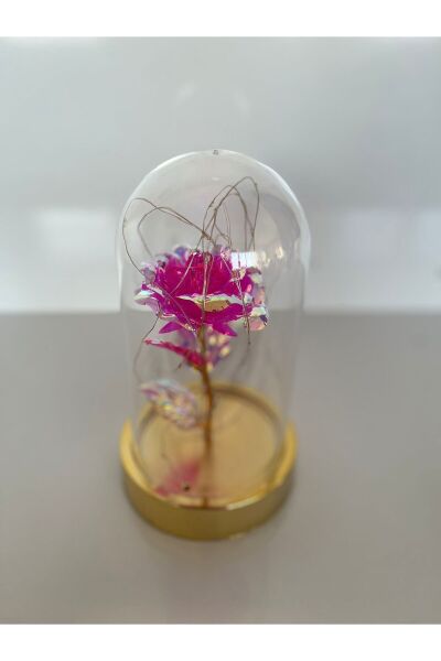 Özel Günler İçin Hediyelik Dekoratif Solmayan Sonsuzluk Pembe Güllü Işıklı Ledli Işıklı Gold Fanus