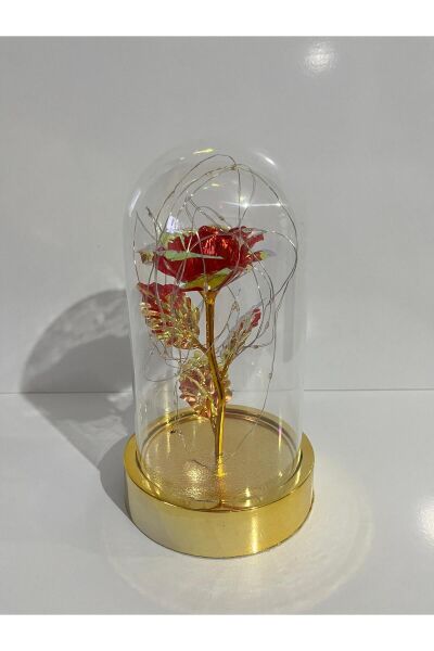 Sevgililer Ve Anneler Gününe Özel Dekoratif Solmayan Sonsuzluk Gül Işıklı Fanus Işıklı Gold Fanus