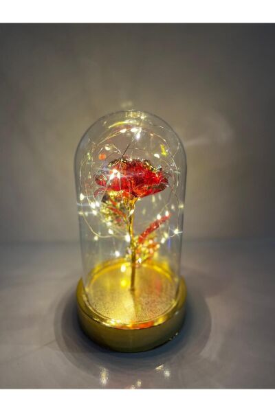 Sevgililer Ve Anneler Gününe Özel Dekoratif Solmayan Sonsuzluk Gül Işıklı Fanus Işıklı Gold Fanus