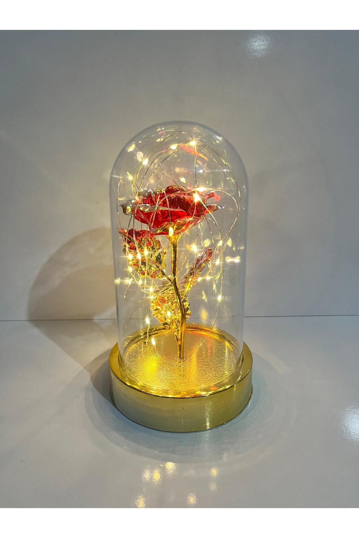 Sevgililer Ve Anneler Gününe Özel Dekoratif Solmayan Sonsuzluk Gül Işıklı Fanus Işıklı Gold Fanus