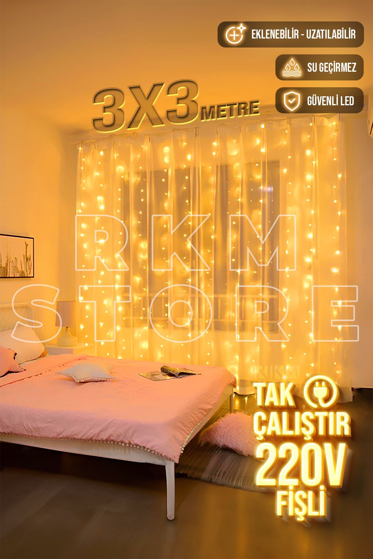 3x3 Metre Perde Led Animasyonlu 300 Ledli Fişli Eklenebilir 8 Fonksiyonlu Dekoratif Işık Fon Perde