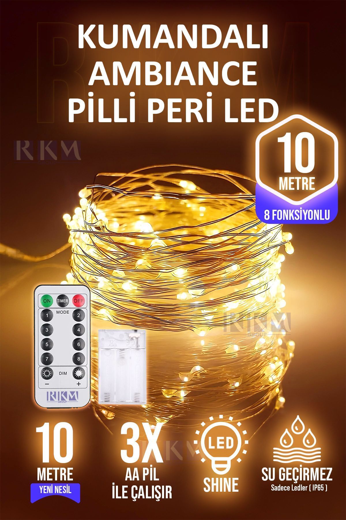 10 Metre Gün Işığı Kumandalı Pilli Peri LED 8 Fonksiyonlu Uzaktan Kumandalı Dekoratif Peri Led