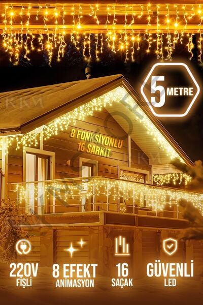 Saçak Led 16 Sarkıt Gün Işığı Fişli Eklemeli 5 Metre 8 Modlu
