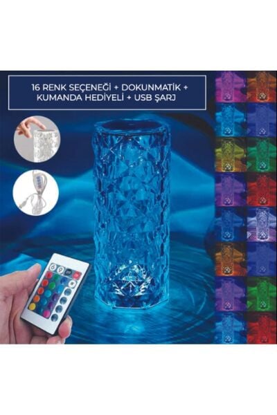 Kristal Masa Lambası Şarjlı Kumandalı Rgb Gece Lambası 16 Renk Ve 4 Mod Dokunmatik Kontrol