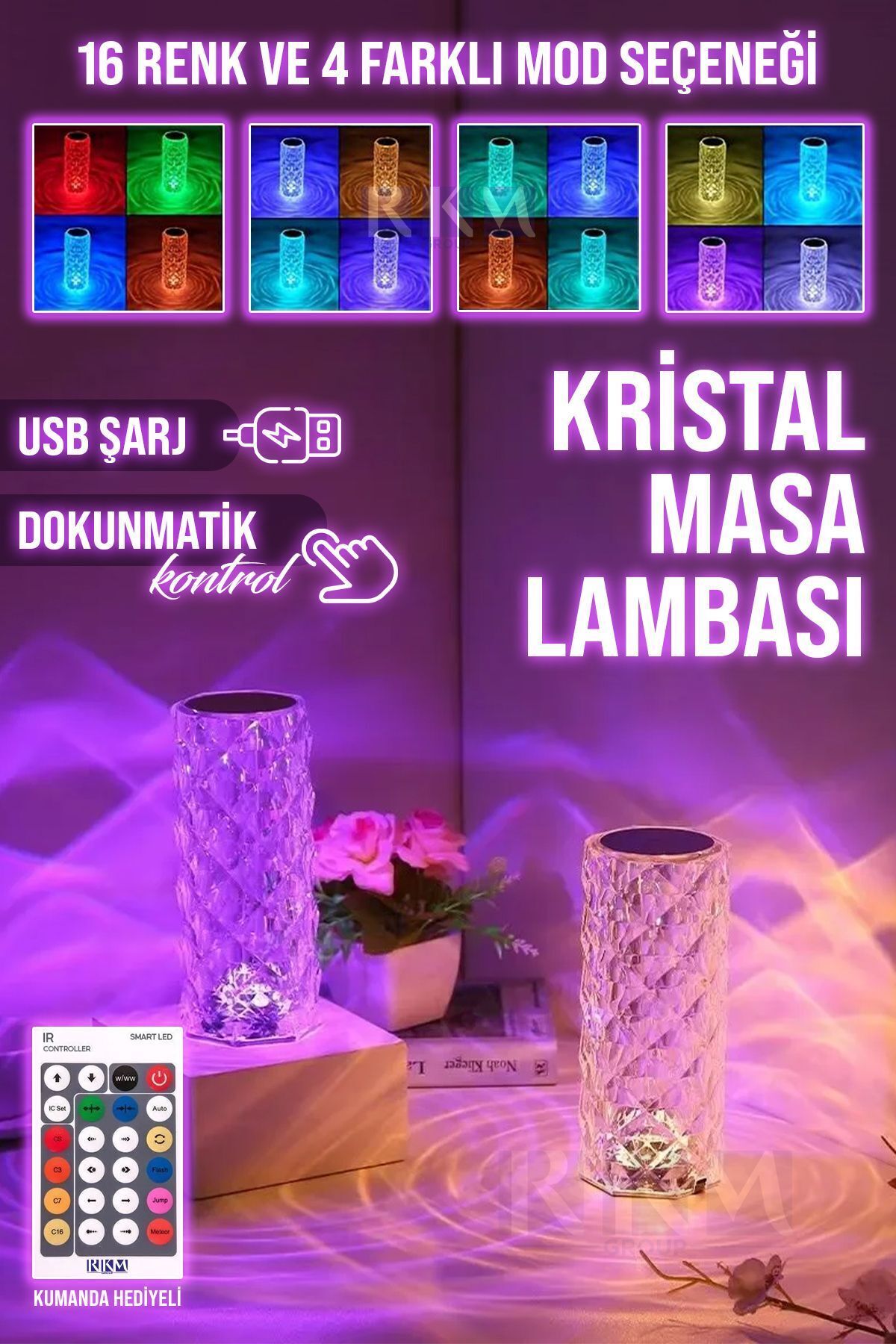 Kristal Masa Lambası Şarjlı Kumandalı Rgb Gece Lambası 16 Renk Ve 4 Mod Dokunmatik Kontrol