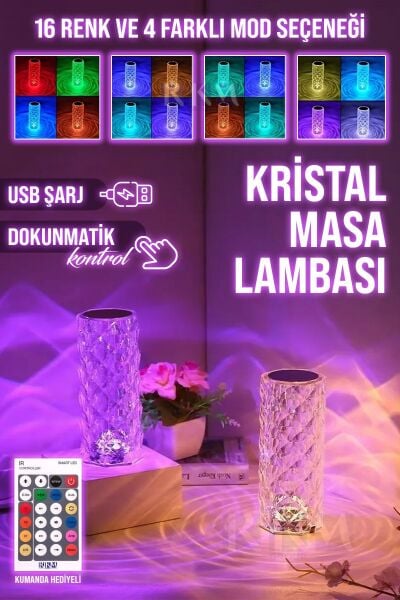 Kristal Masa Lambası Şarjlı Kumandalı Rgb Gece Lambası 16 Renk Ve 4 Mod Dokunmatik Kontrol