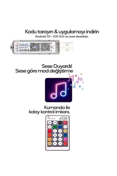 Smart Led 10 Metre Yeni Nesil Sese Duyarlı Kumandalı Bluetooth Ile Telefona Bağlanabilir Şerit Led