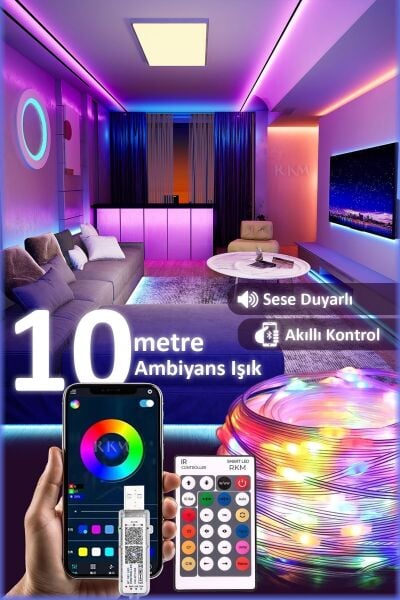 Smart Led 10 Metre Yeni Nesil Sese Duyarlı Kumandalı Bluetooth Ile Telefona Bağlanabilir Şerit Led