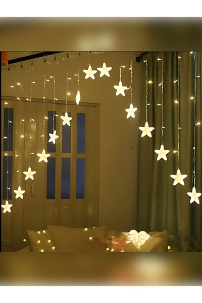 Yıldız Desenli Çapraz Sarkıt Şeklinde Led Dekoratif 8 Fonksiyonlu Fişli