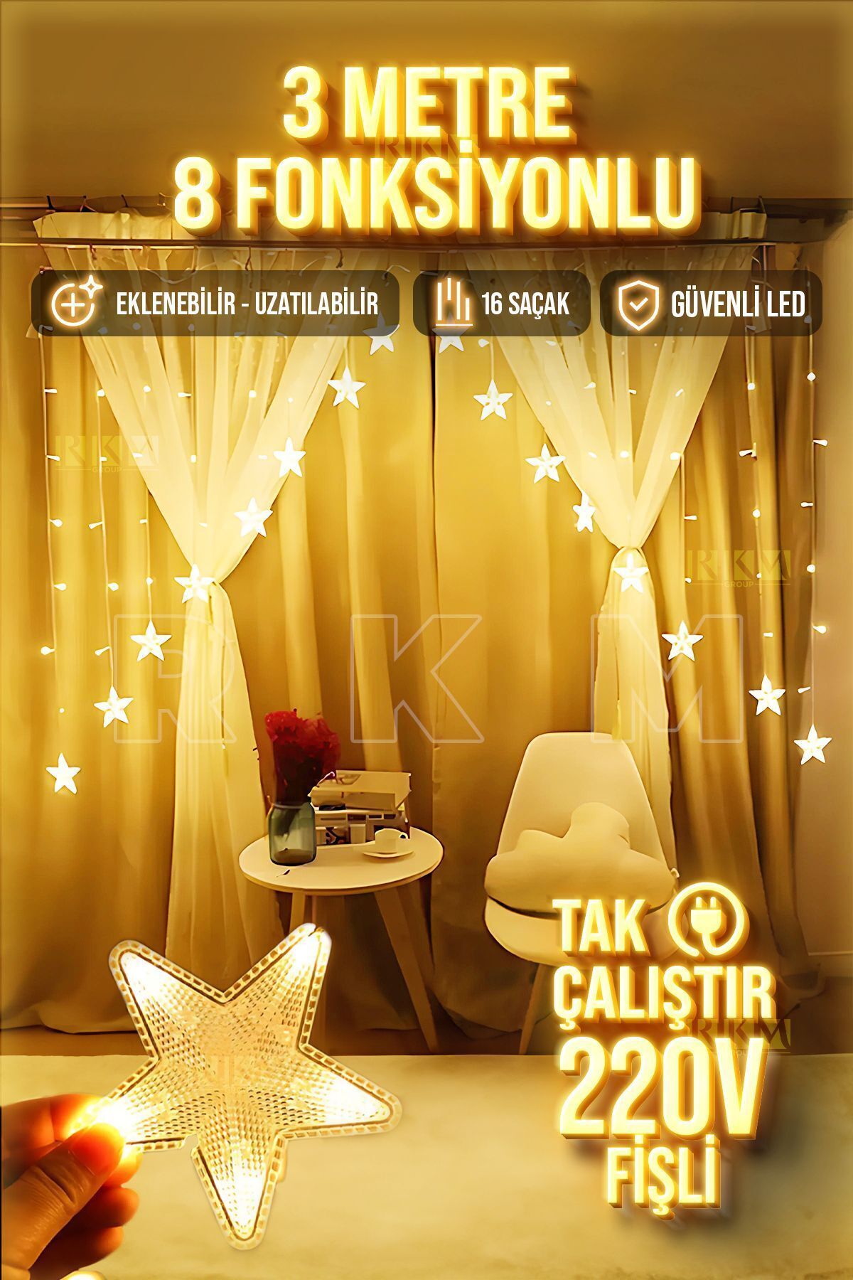 Yıldız Desenli Çapraz Sarkıt Şeklinde Fişli Led