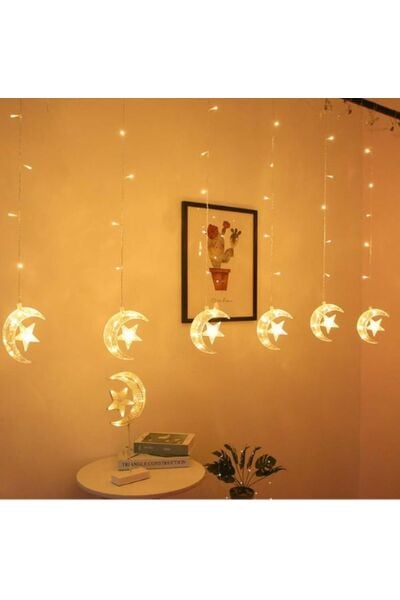 Ay Yıldız Perde Led Dekoratif Parti Kutlama Süsleme 8 Modlu Ay Hilal Ramazan Süsleme Işıklandırma