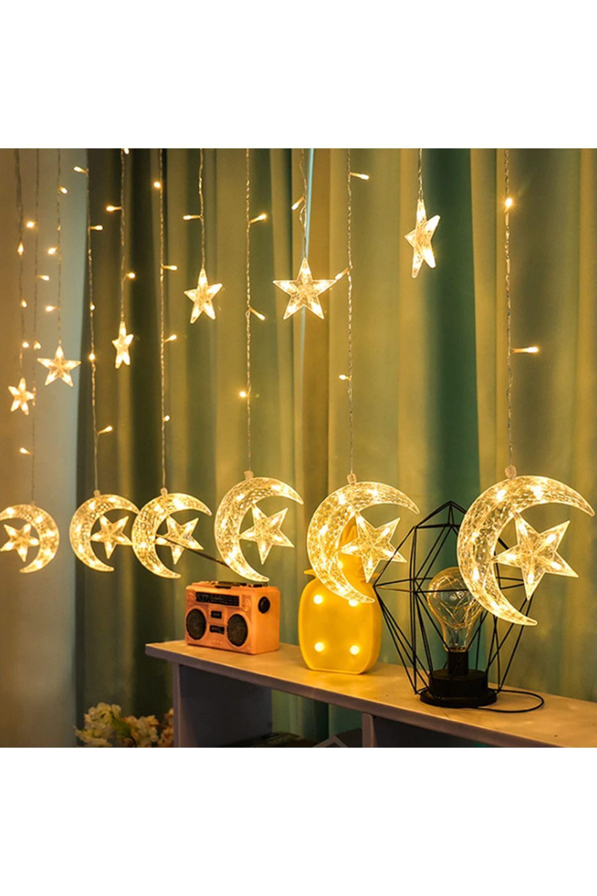 Ay Yıldız Perde Led Dekoratif Parti Kutlama Süsleme 8 Modlu Ay Hilal Ramazan Süsleme Işıklandırma