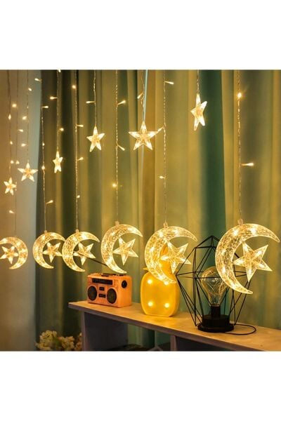 Ay Yıldız Perde Led Dekoratif Parti Kutlama Süsleme 8 Modlu Ay Hilal Ramazan Süsleme Işıklandırma