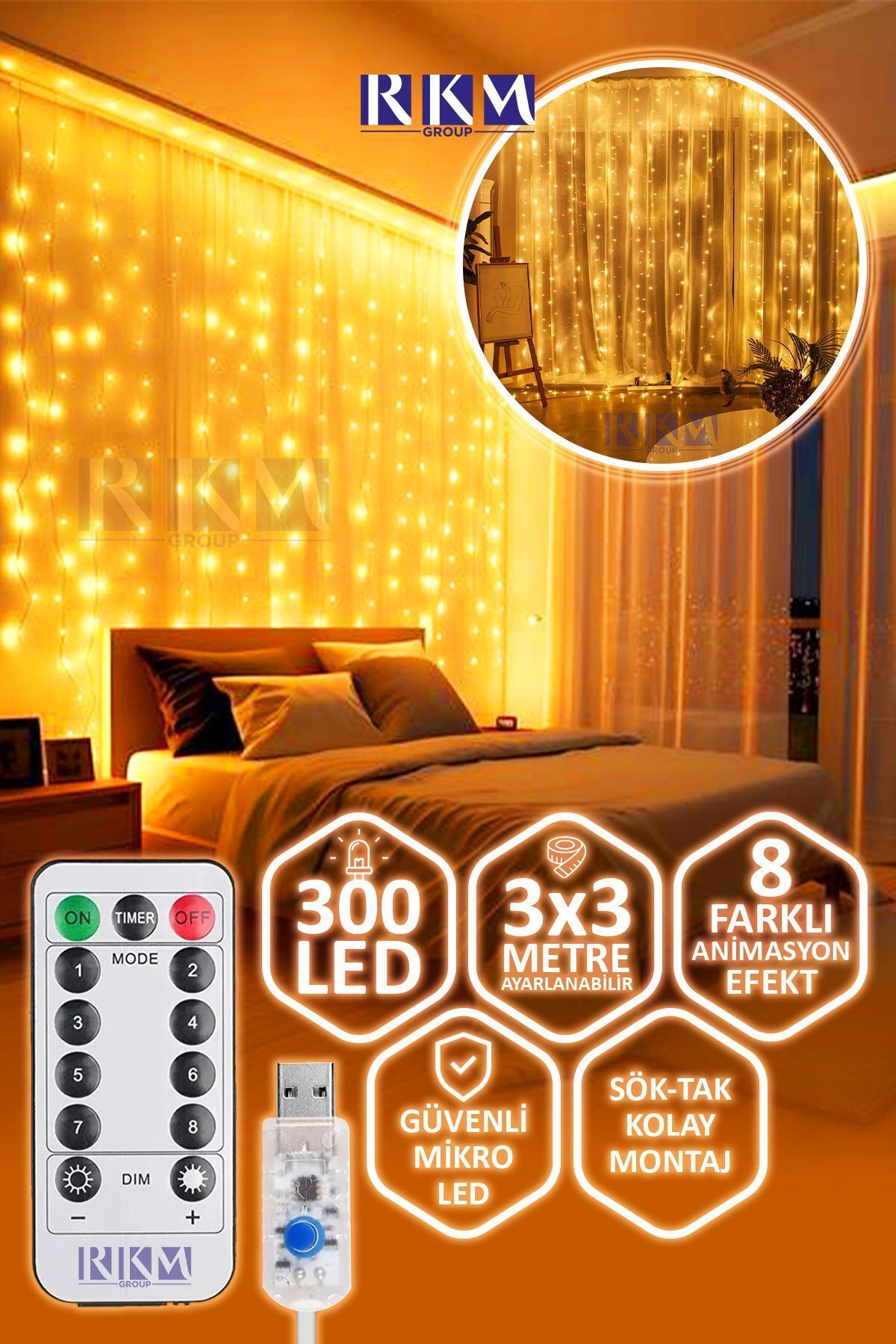 Dekoratif Perde Led 3x3 Gün Işığı Peri Led 300 Ledli 3mx3m Kumandalı 8 Modlu Usb'li Süsleme Ledi