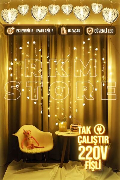 Kalp Şeklinde Gün Işığı Perde Led Sevgililer Günü Romantik Fon Perde Led 16 Sarkıt Eklemeli