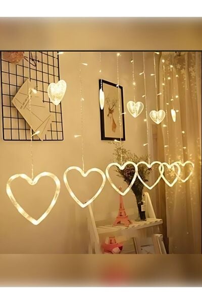Kalp Şekilli 12 Saçak Perde Led Dekoratif Fişli Eklemeli