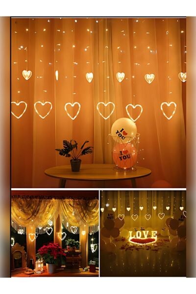 Kalp Şekilli 12 Saçak Perde Led Dekoratif Fişli Eklemeli