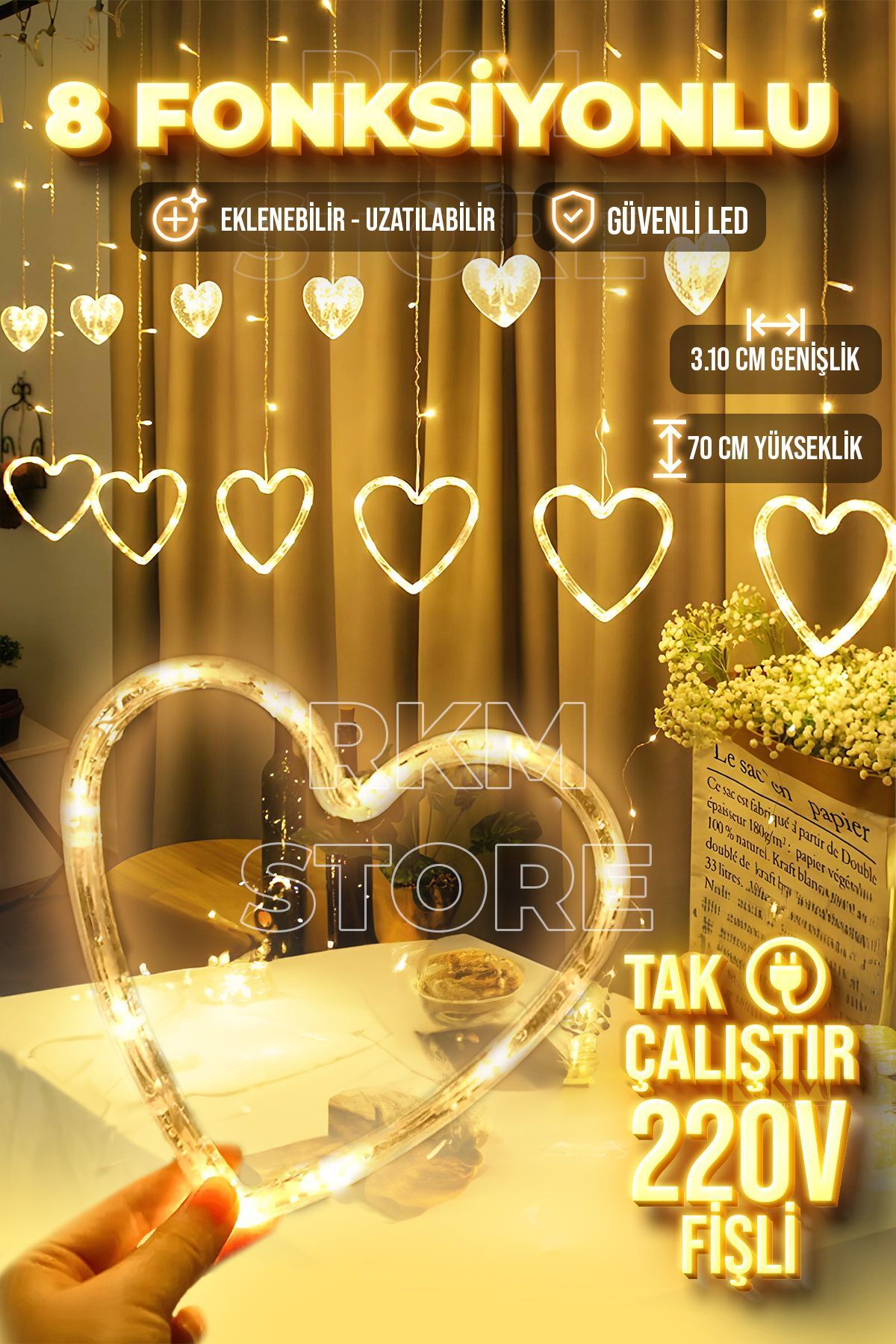 Kalp Şekilli 12 Saçak Perde Led Dekoratif Fişli Eklemeli