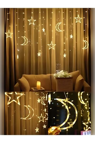 Dekoratif 8 Fonksiyonlu Ay Yıldız Perde Led Gün Işığı Ramazan Süsleme Işık Hilal Yıldız 12 Saçak Led