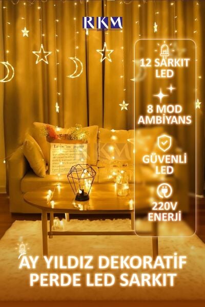 Dekoratif 8 Fonksiyonlu Ay Yıldız Perde Led Gün Işığı Ramazan Süsleme Işık Hilal Yıldız 12 Saçak Led