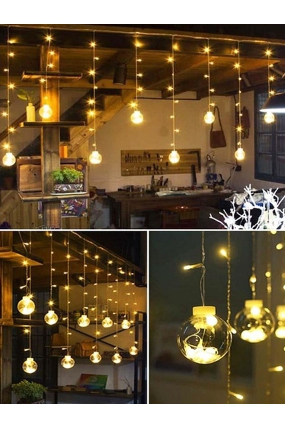 Dekoratif Işıklı Saçaklı Top Perde Led Fişli 8 Fonksiyonlu Günışığı