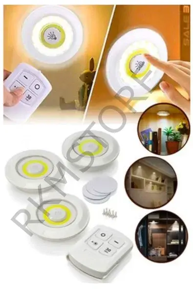 3 Lü Spot Led Lamba Yapışkanlı Uzaktan Kumandalı Kablosuz Pilli Işıldak
