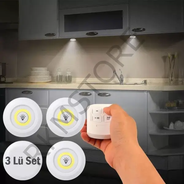 3 Lü Spot Led Lamba Yapışkanlı Uzaktan Kumandalı Kablosuz Pilli Işıldak